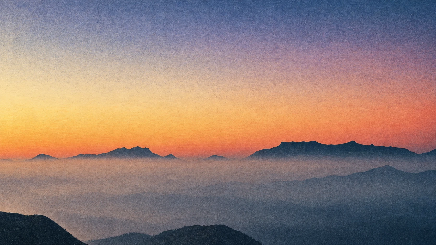 An archival field-print treatment of layered Kudremukh mountain ridges at dawn